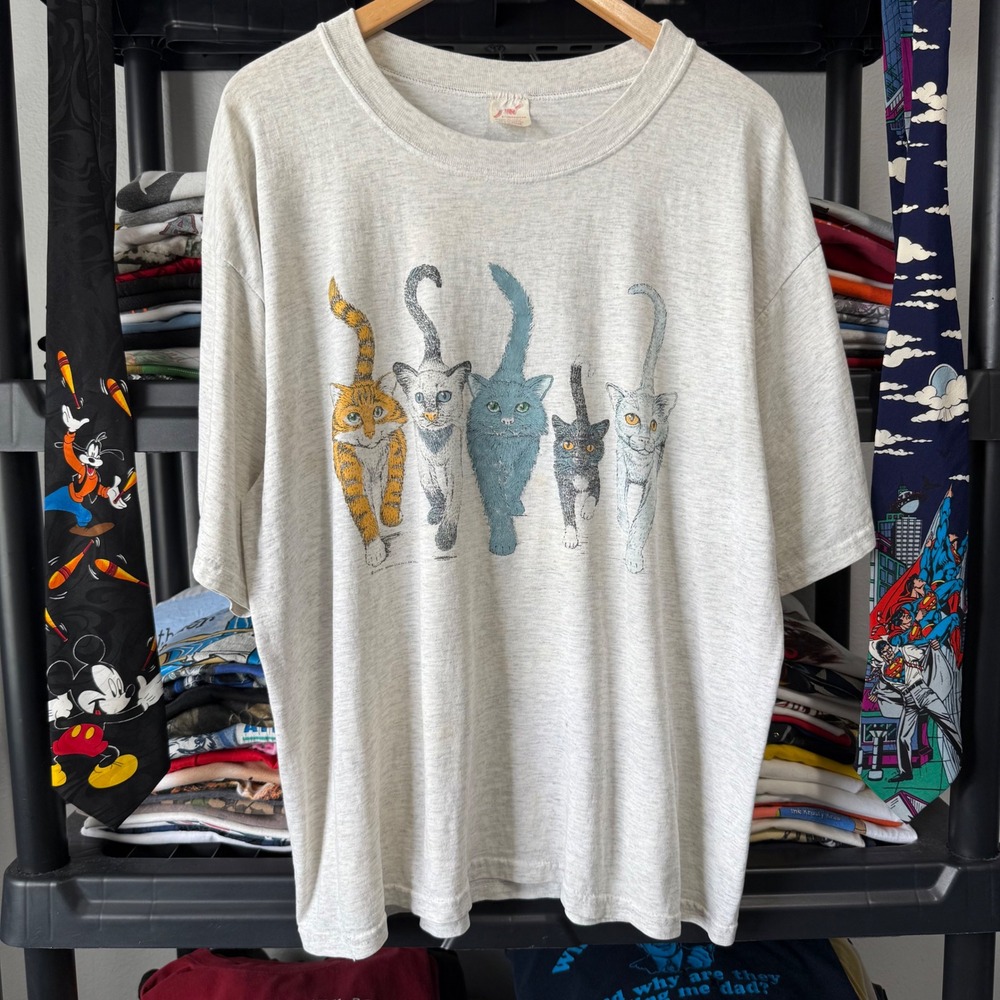 Vintage Grey Walking Cats Double Sided Graphic Tee XL Has Marks